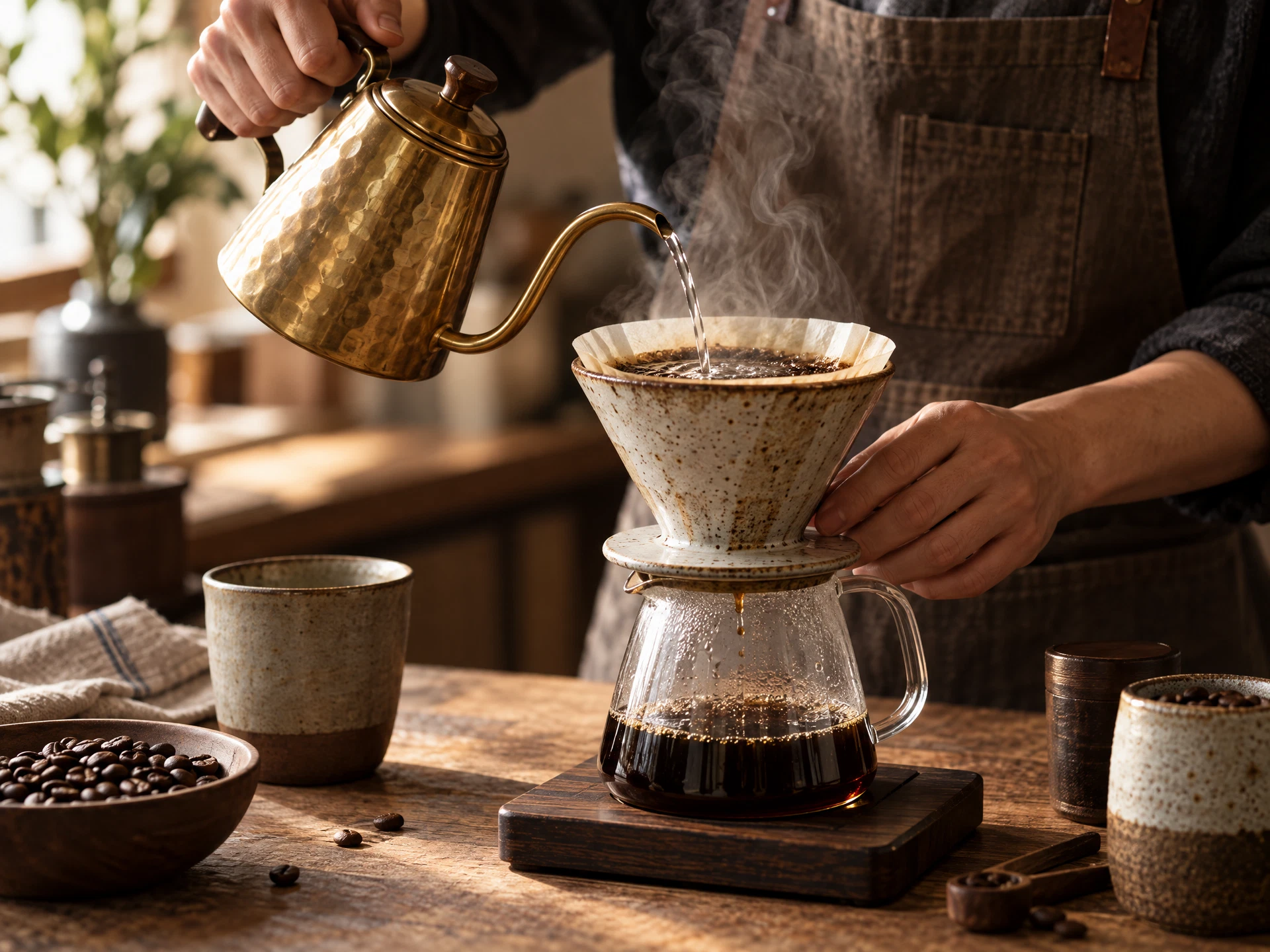 Coffee being poured into a handmade ceramic dripper